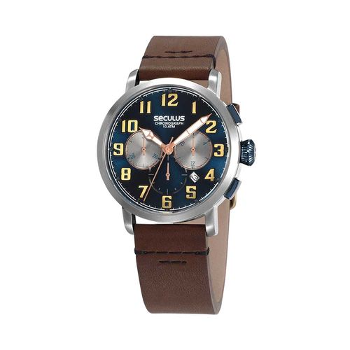 Relógio Masculino Cronógrafo Visor Azul Couro Marrom