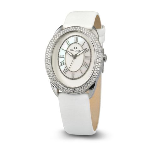 Relógio Feminino Suíço Oval Cristais Couro Branco
