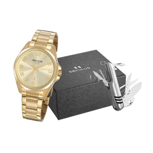 Kit Relógio Masculino Aço com Canivete Dourado