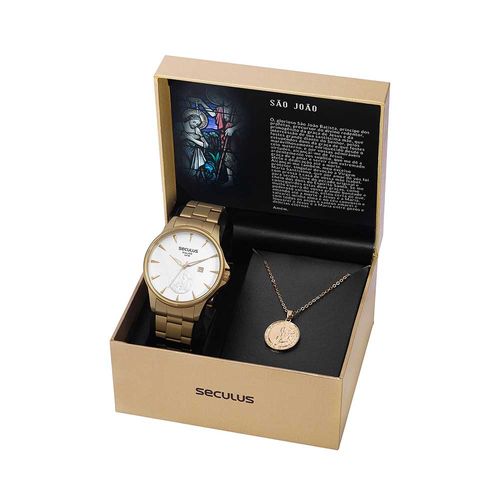 Kit Relógio Masculino Aço e Colar São João Dourado