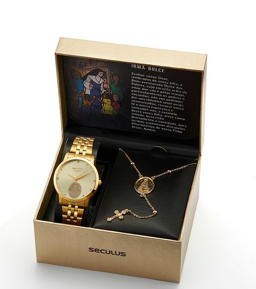 Kit Relógio Feminino com Terço Irmã Dulce Dourado