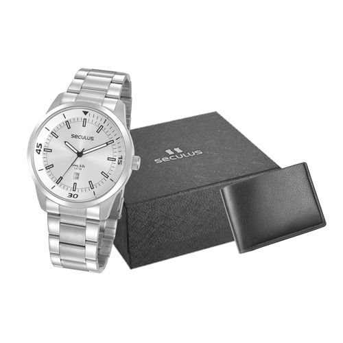 Kit Relógio Masculino Aço Prata com Carteira