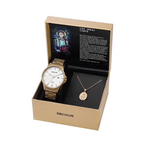 Kit Relógio Masculino Aço e Colar São Judas Tadeu Dourado
