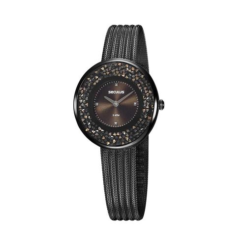 Relógio Feminino Cristais Malha de Aço Preto