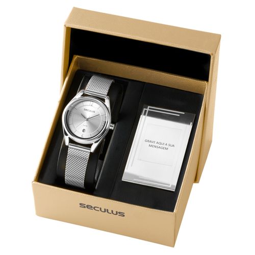 Kit Relógio Feminino Bodas Malha de Aço Prata