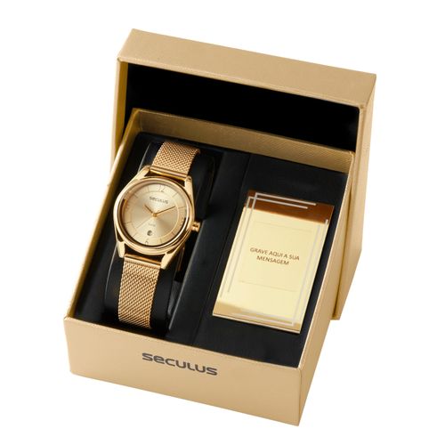 Kit Relógio Feminino Bodas Malha de Aço Dourado