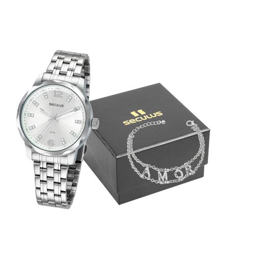 Kit Relógio Feminino Prata com Pulseira Amor