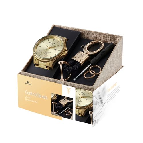 Kit Relógio Masculino Profissões Contabilidade Dourado