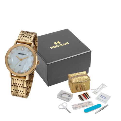 Kit Relógio Feminino Dourado com Estojo Cuidados