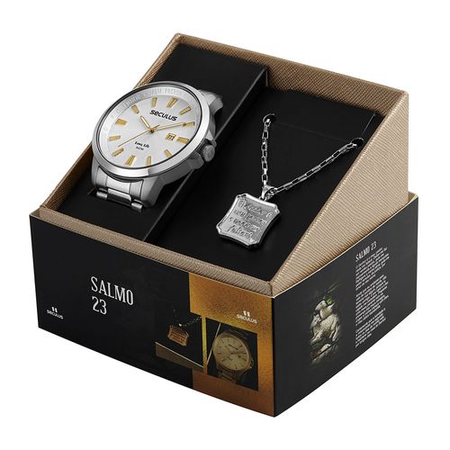 Kit Relógio Masculino Com Calendário Salmo 23 Prata