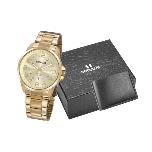 Kit Relógio Masculino Calendário Casual Dourado