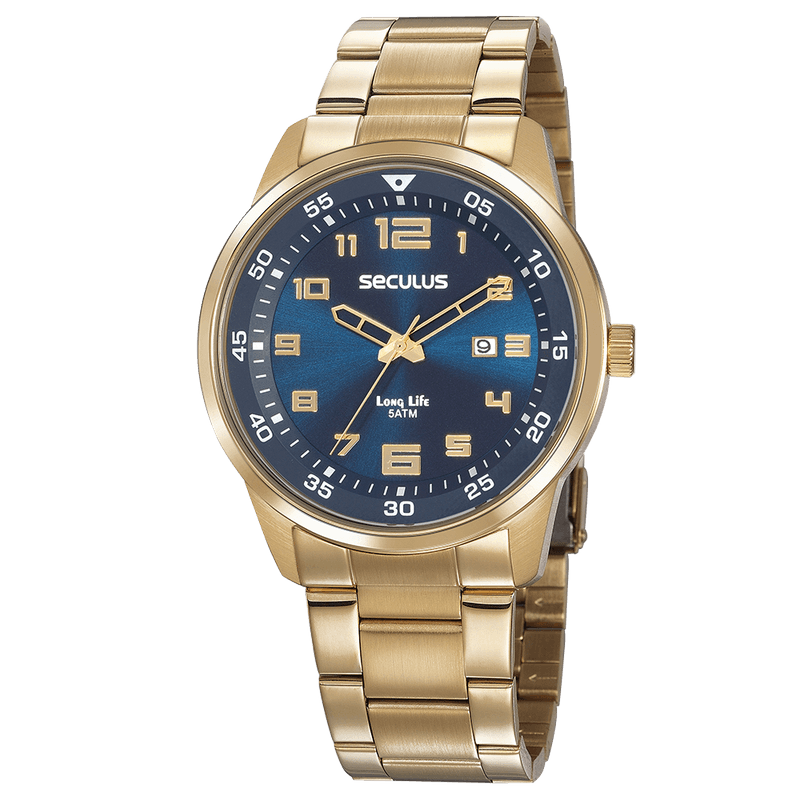 シヴィルト sec Relógio Masculino Aço Calendário Azul Dourado Seculus