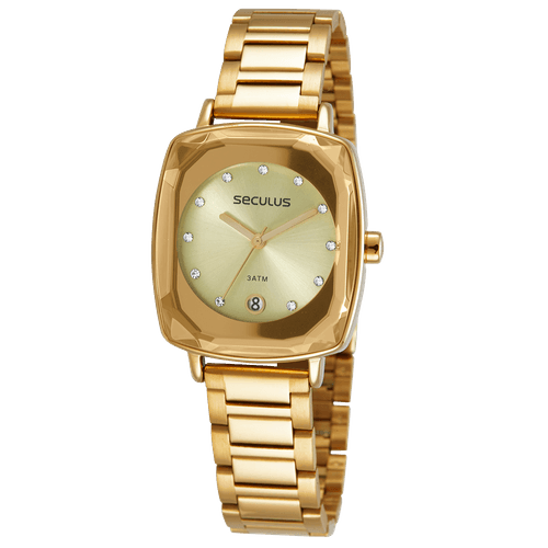 Relógio Feminino Quadrado Vidro Facetado Dourado