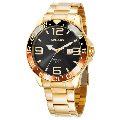Relógio Masculino Aço Calendário Lupa Dourado