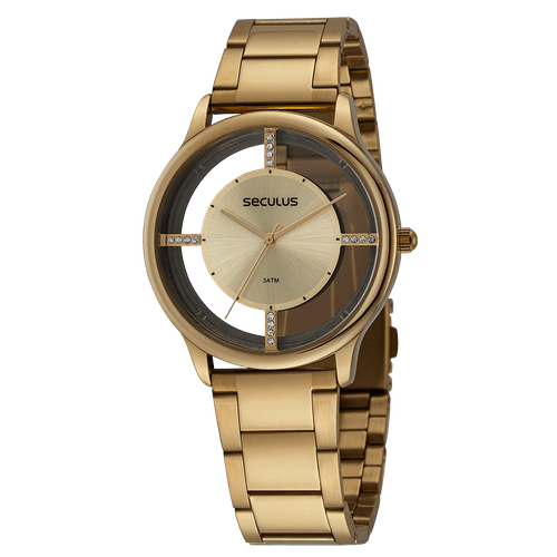 Relógio Feminino Cristais Transparente Dourado