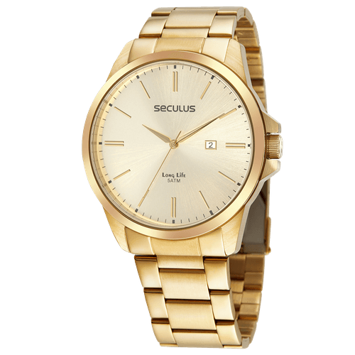 Relógio Masculino Aço Calendário Dourado
