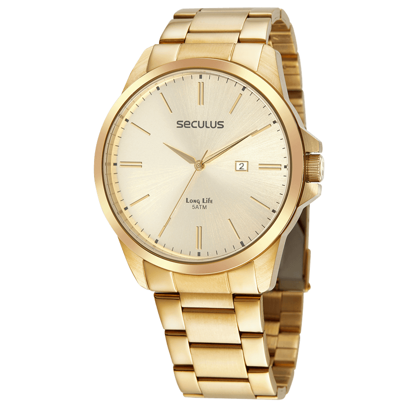 Relógio Masculino Aço Calendário Dourado - Seculus
