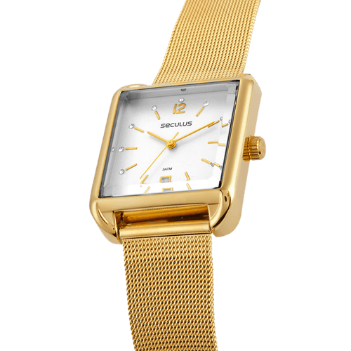Relógio Feminino Quadrado Malha de Aço Dourado