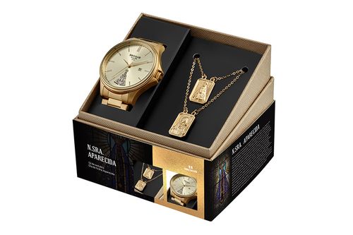 Kit Relógio Masculino Nossa Senhora Aparecida Dourado