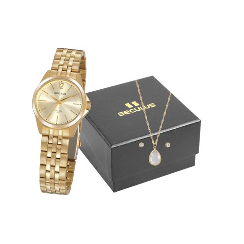 Kit Relógio Feminino com Colar Dourado