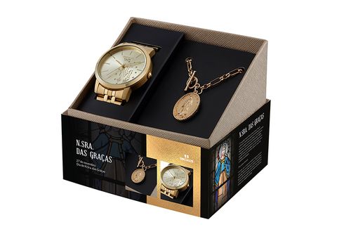 Kit Relógio Feminino Nossa Senhora das Graças Dourado