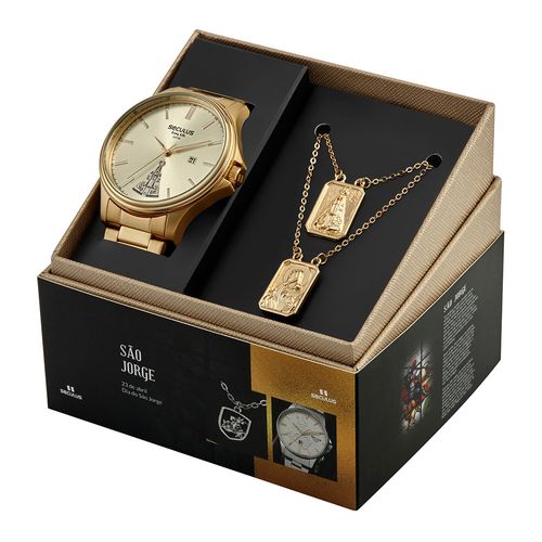 Kit Relógio Masculino Nossa Senhora Aparecida Dourado