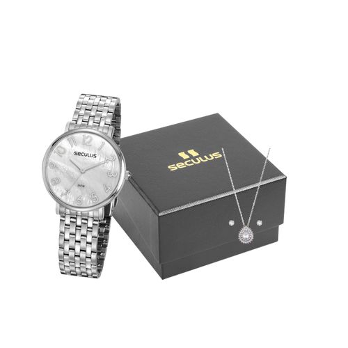 Kit Relógio Feminino Madrepérola Prata