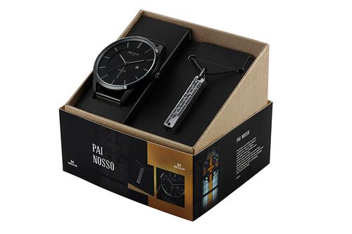 Kit Relógio Masculino Aço com Colar Pai Nosso Preto
