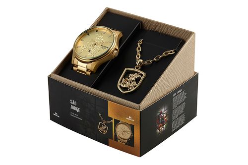 Kit Relógio Masculino Aço Dourado e Colar São Jorge