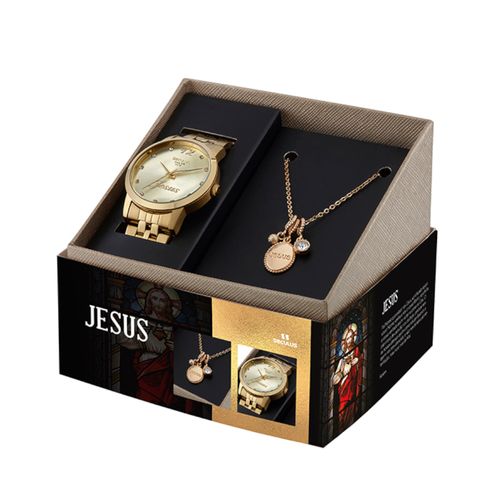 Kit Relógio Feminino com Colar Jesus Dourado