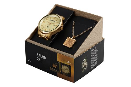 Kit Relógio Masculino com Colar Salmo 23 Dourado