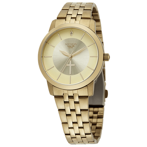 Kit Relógio Feminino com Colar Pai Nosso Dourado