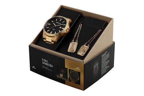 Kit Relógio Masculino Dourado e Escapulário Nossa Senhora Aparecida