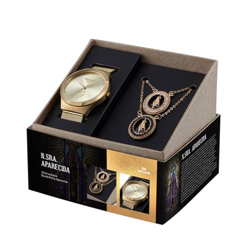 Kit Relógio Feminino com Colar Nossa Senhora Aparecida Dourado