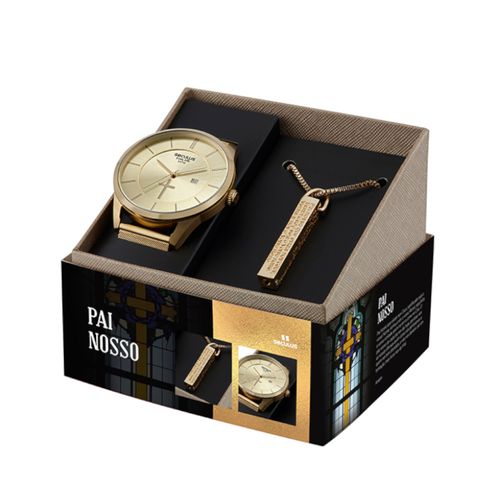 Kit Relógio Masculino Pai Nosso Dourado