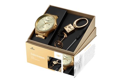 Kit Relógio Masculino Enfermagem Dourado