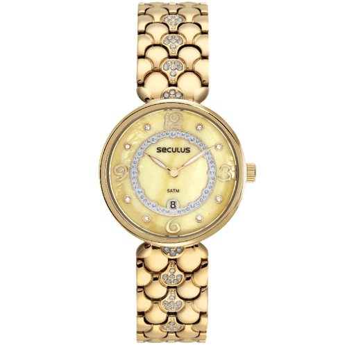 Relógio Feminino Madrepérola Cristais Dourado