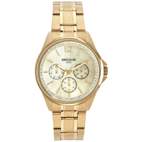 Relógio Feminino Multifunção Peróla Dourado