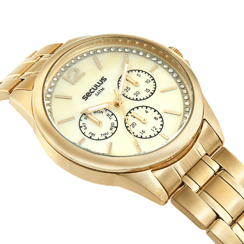 Relógio Feminino Multifunção Peróla Dourado