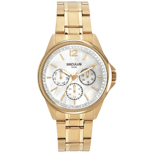 Relógio Feminino Multifunção Visor Branco Dourado