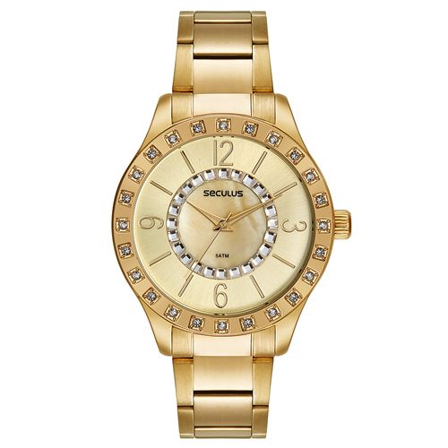 Relógio Feminino Madrepérola Cristais Dourado