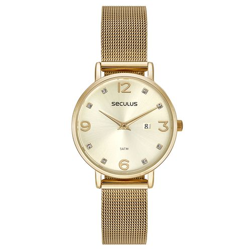 Relógio Feminino Cristais Malha de Aço Dourado