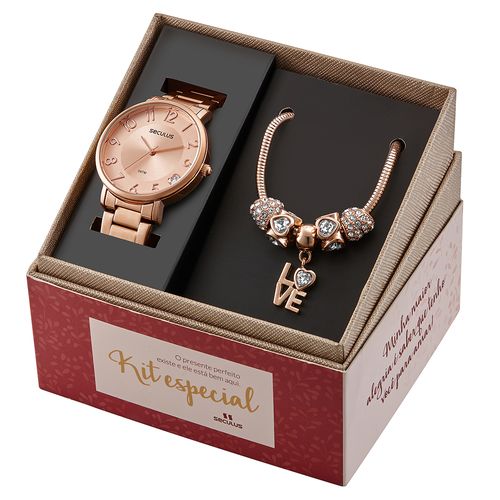 Kit Relógio Feminino Com Pulseira Love Rosé