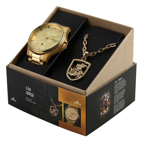 Kit Relógio Masculino São Jorge Dourado
