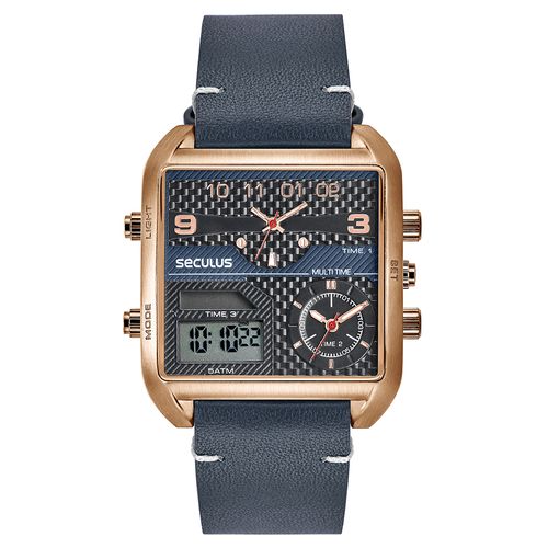Relógio Masculino Anadigi Quadrado Couro Rosé
