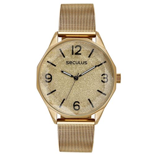 Relógio Feminino Glitter Malha de Aço Dourado