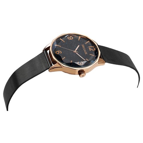 Relógio Feminino Glitter Malha de Aço Rosé Gold