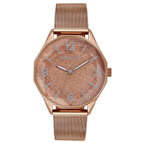 Relógio Feminino Glitter Malha de Aço Rosé