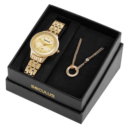 Kit Relógio Feminino Dourado Com Colar