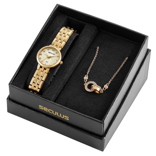 Kit Relógio Feminino Clássico Dourado com Colar